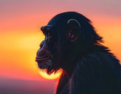 Silhouette of an ape's profile with a vibrant sunset background