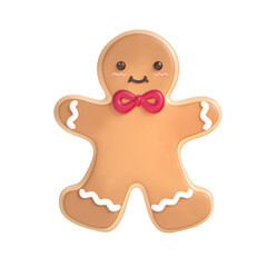 A 3D stylized smiling gingerbread man cookie with a red bow tie and wavy white icing trim.
