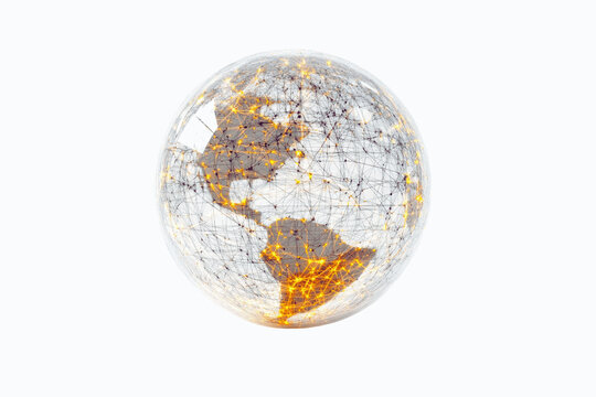 Glowing digital network globe connecting continents with light.