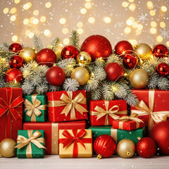 Assortment of wrapped Christmas gifts red and gold baubles and illuminated fir branches with falling snow