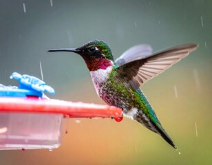 Small bird with iridescent feathers perched on a red feeder, in the rain