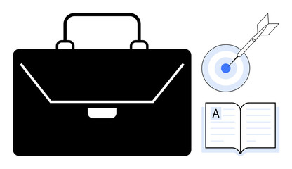 Black briefcase, target with arrow, and open notebook with writing depict work, goal-setting, and learning. Ideal for career, business planning, success, education productivity focus development