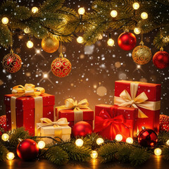 Red and gold Christmas presents ornaments and lights on pine branches gifts