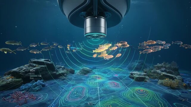 Medium shot of sonar device emitting sound waves with clear underwater visuals emphasizing advanced technology for precise fish tracking and mapping.