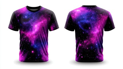 galaxy sports jersey, with swirling nebula designs, glowing stars, and deep purple and black interstellar hues, front and back view