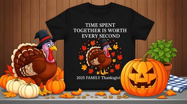 A festive thanksgiving tshirt design featuring a cartoon turkey, pumpkins, and autumn leaves, perfect for celebrating the 2023 family thanksgiving holiday season - Powered by Adobe