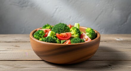 Fresh broccoli and tomato salad in a wooden bowl on a table