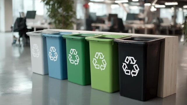 Medium shot of a clean indoor recycling station with clearly labeled bins for paper plastic and glass waste promoting organized waste segregation.