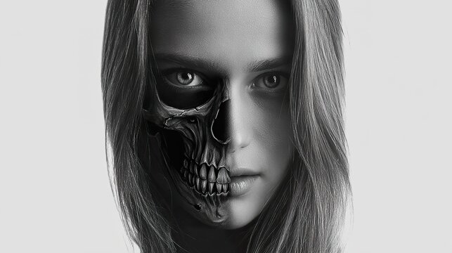 Human face with half skull illustration