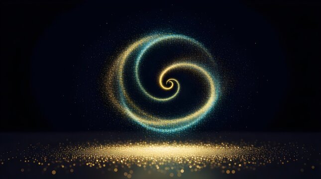 A mesmerizing spiral of golden and teal particles dances against a dark backdrop, creating an ethereal and captivating visual effect with a magical ambiance