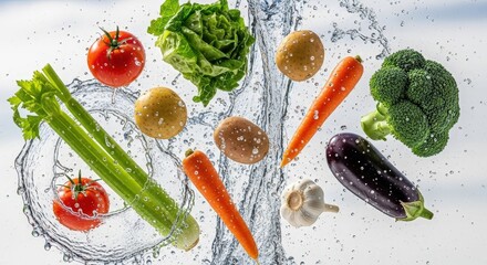 Fresh Vegetables Flying with Water Splash