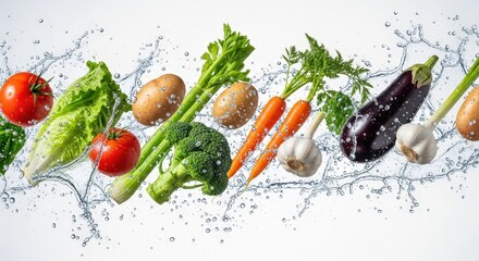 Fresh Vegetables Flying with Water Splash