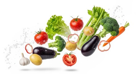 Fresh Vegetables Flying with Water Splash