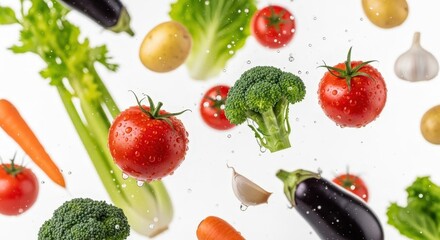 Fresh Vegetables Flying with Water Splash