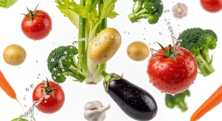 Fresh Vegetables Flying with Water Splash
