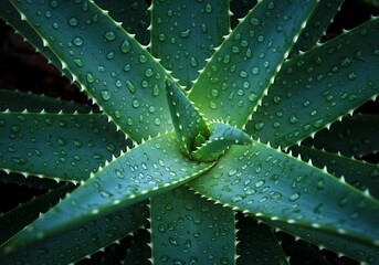 Fototapeta premium Vibrant Green Aloe Vera Plant with Dew Drops, Close-Up View.