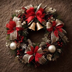 Festive christmas wreath with red bows gold bells and ornamental decorations hanging on a stone wall