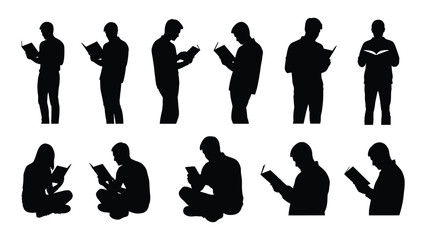 People reading book silhouettes isolated on white background, Vector