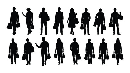 Silhouettes of shoppers with bags isolated on white background, Vector