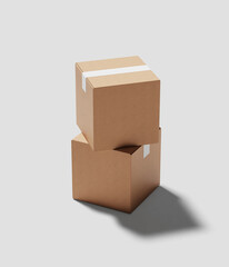 Stack of plain cardboard boxes isolated on white for mockup. Shipping box packaging with label
