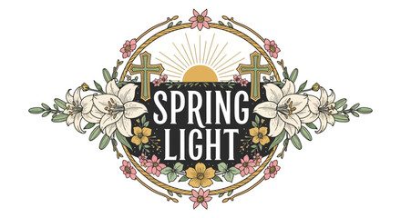Elegant Easter illustration with lilies, crosses, and sunrise symbolism