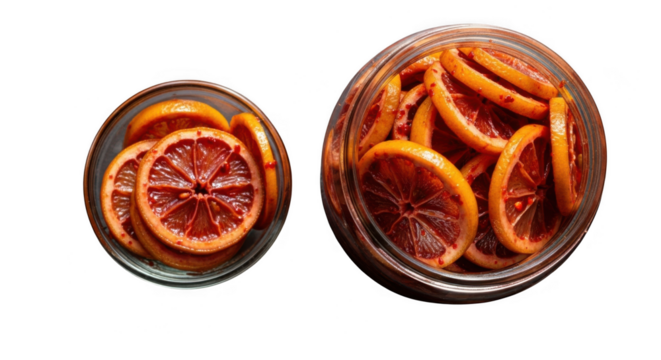 Spicy preserved lemon slices in a glass jar, top view. Top-down view of two jars of orange pickles, isolated on a transparent background