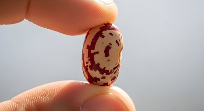A persons fingers holding a single raw uncooked pinto bean in a close up macro shot.