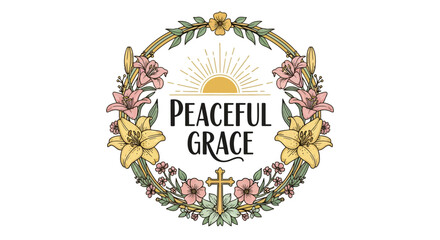 peaceful grace floral wreath with cross and sunburst elements in pastel hues