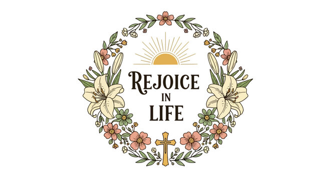 Illustration of floral wreath with inspirational message and religious cross