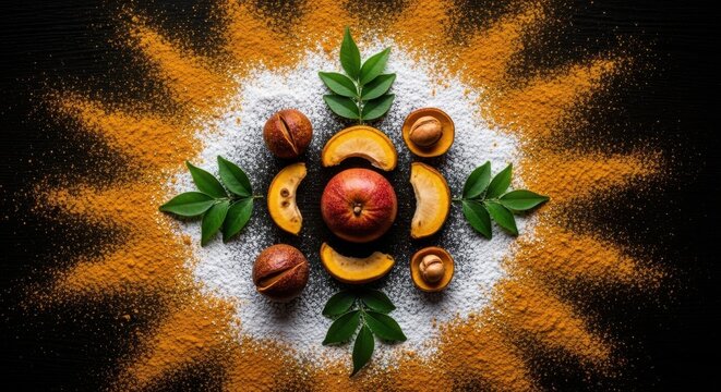 Vibrant fruit mandala with spices and leaves. A vibrant arrangement of fruits, nuts, and leaves on a dark surface with spices