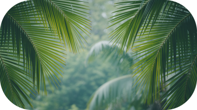 Lush Green Palm Fronds Framing a Softly Blurred Tropical Forest Background leaves isolated on a transparent background - Powered by Adobe