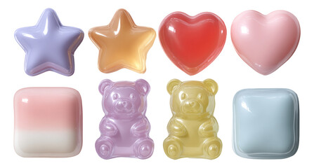 Colorful and Cute Isolated Shapes of Stars, Hearts, and Bears on Transparent Background