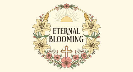 Christian themed floral wreath with sun and cross design element logo icon