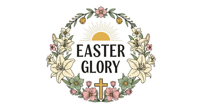 Floral wreath with 'Easter Glory' text embracing spring and renewal themes