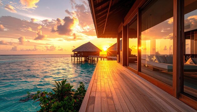 Serene tropical beach resort at sunset with overwater bungalows and calm turquoise ocean waves reflecting the golden sun and wooden deck with lounge chairs.
