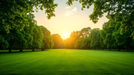 Obraz premium Idyllic Golf Course Fairway Lined with Trees at Sunrise