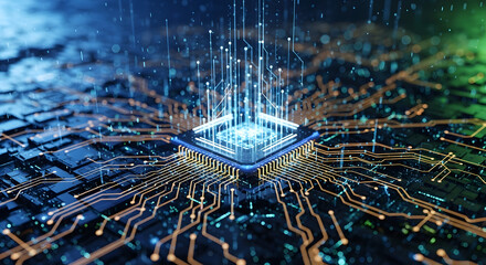Digital Processor Conceptual Illustration of Computer Chip with Data Flow Lines
