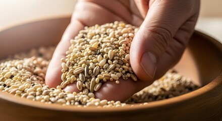 A persons hand scooping a handful of mixed bird seeds from a rustic wooden bowl.