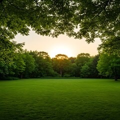 Tranquil Golf Course Landscape with Green Lawn and Sunset Glow