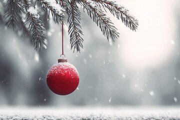Single bright red ornament hangs from a snow-dusted evergreen branch during a light snowfall
