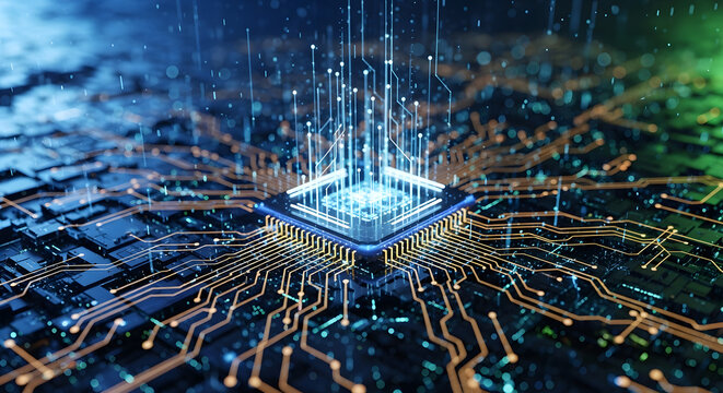Digital Processor Conceptual Illustration of Computer Chip with Data Flow Lines