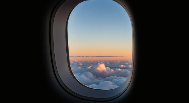 Stunning aerial view of soft clouds at sunset through airplane window, inspiring wanderlust and adventure - Powered by Adobe