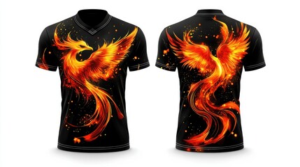 jersey, with bright glowing embers, flowing flame streaks, and a mythical fiery bird-inspired aesthetic