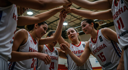 Empowered women's basketball team huddles with intense focus, celebrating unity and pre-game motivation