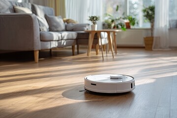 Automated cleaning device moves across a sunlit wooden floor inside a modern living space