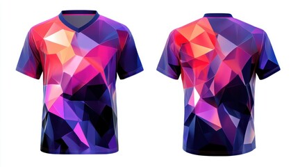 sports jersey, with sharp angular shards, bold contrasting tones, and a cyber-futuristic design, front and back view