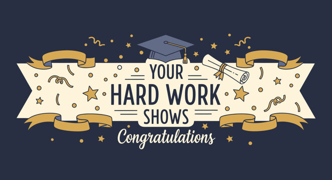 a banner celebrating academic achievements with graduate cap and diploma scroll