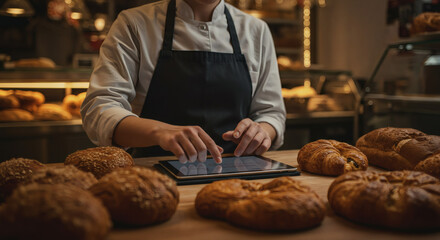 Skilled baker using digital tablet to manage orders amidst freshly baked artisanal breads and pastries in a warm bakery setting.