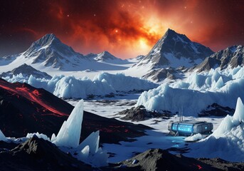 Icy alien planet landscape featuring snowy mountains, lava flow, and a futuristic base under a fiery red sky