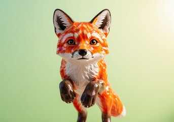 Obraz premium Playful red fox kit figurine sculpture with glossy paint on a bright green backdrop.